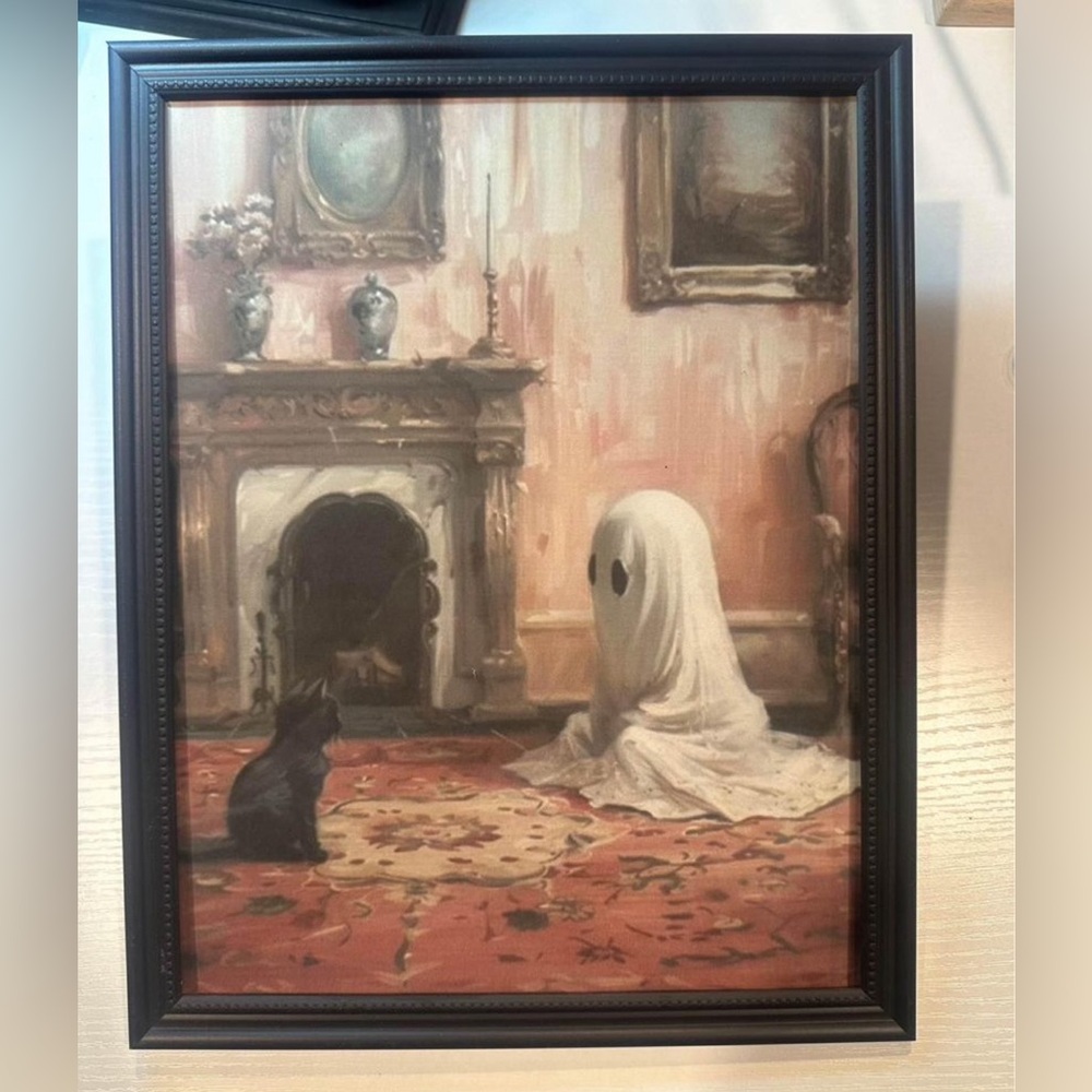 Ghost and cat framed 8x10” print of vintage oil painting in black and grey